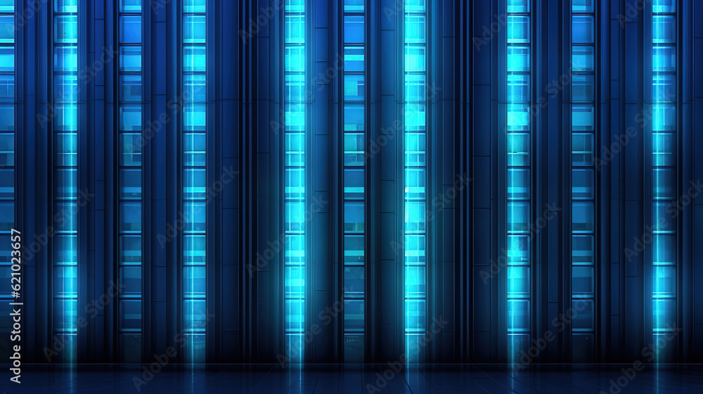 Fototapeta premium Seamless skyscraper facade with blue tinted windows and blinds at night. Generative Ai