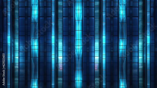 skyscraper facade with blue tinted windows and blinds at night. Generative Ai