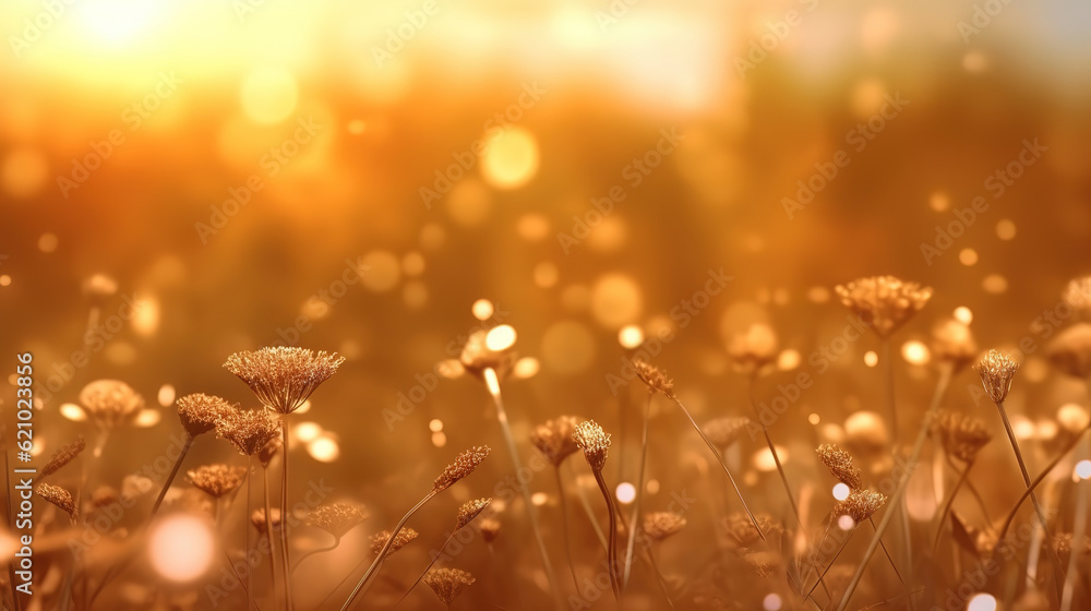 close up on a weed grass against blurry sunset background. Generative Ai