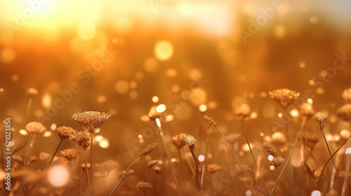 close up on a weed grass against blurry sunset background. Generative Ai