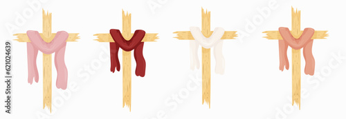 Cross Clipart, Vector Christian wooden cross With Red, pink, coral and white Cloth, Baptism Cross clip art set, Wedding invites, Holy Spirit, Religious illustration