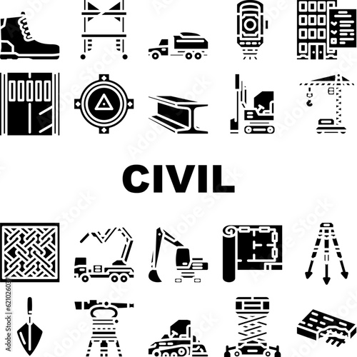 civil engineer construction icons set vector. industry building, worker business, safety technology, engineering professional civil engineer construction glyph pictogram Illustrations