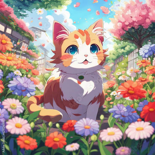Generative AI cute cat, cute little cats, cute kitten sitting in flower field, anime cat, cute anime cat, kitty, cute little anime cat, cute kitten, aesthetic anime cat, adorable cat, adorable kitten