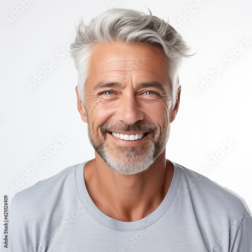 a closeup photo portrait of a handsome old mature man smiling with clean teeth. for a dental ad. guy with fresh stylish hair and beard with strong jawline. isolated on white background. Generative AI photo