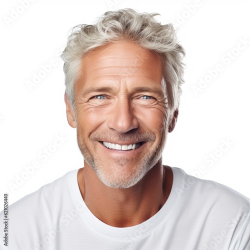 a closeup photo portrait of a handsome old mature man smiling with clean teeth. for a dental ad. guy with fresh stylish hair and beard with strong jawline. isolated on white background. Generative AI