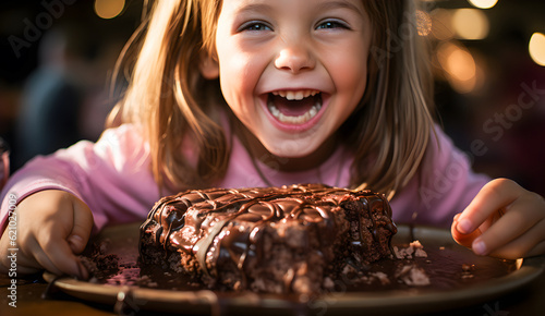 Happy smiling girl eating a chocolate cake.