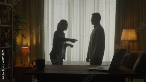 A man and a woman are arguing in the living room near the window. A silhouette of a couple arguing over the fact that the man spends too much time on the laptop. Slow motion. HDR BT2020 HLG Material.