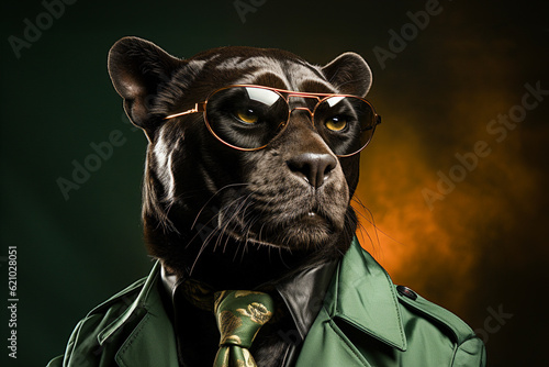 Portrait of black panther with sunglasses wearing suit and tie on solid background. Generative AI.
