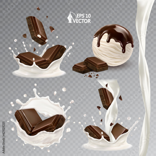Set of of dark chocolate pieces falling into a stream of milk. Realistic vector splash of natural milk or yogurt. Flavored ice cream with melting chocolate topping. 3d food illustration