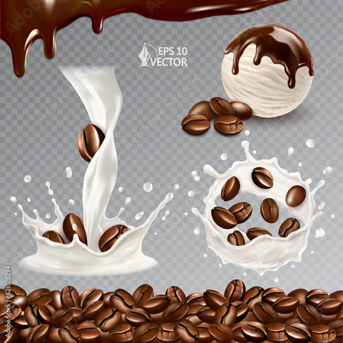 Vector set of natural coffee beans, arabica. Realistic splash of fresh milk or yogurt. Flavored ice cream with chocolate topping. Set of 3d illustrations of food. Coffee texture