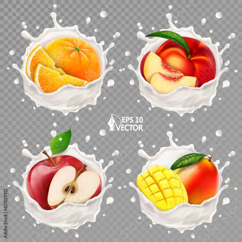 Vector realistic set of ripe tropical fruits in fresh milk or yogurt splash with drops. Peach, mango, orange milkshake. 3d food illustration