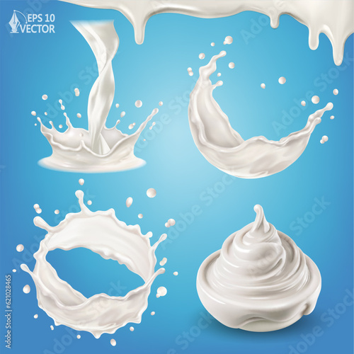 Vector collection of realistic milk splashes or waves with drops. Bowl of cream or yogurt, milky dessert. Crown shaped liquid swirls, flow of fresh milk. 3d elements isolated set