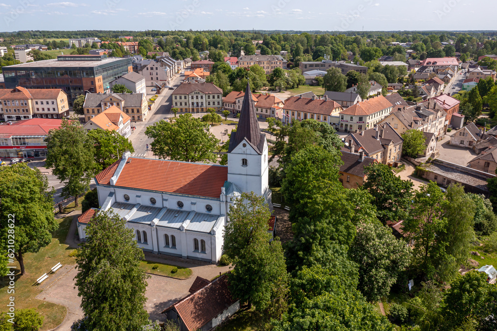 Aerial view of the city center and Saldus Lutheran Church. Saldus, Latvia
