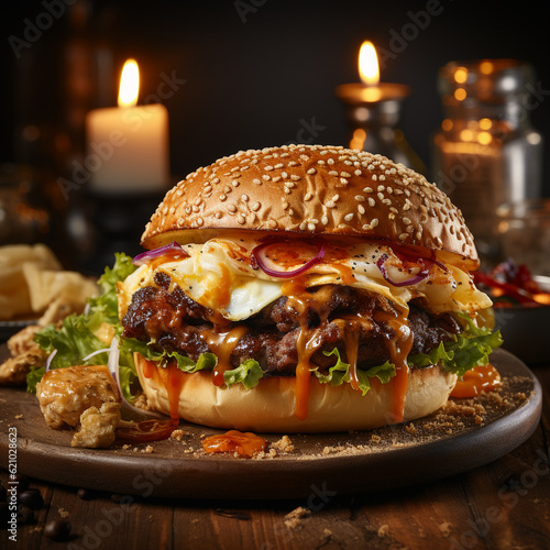  tasty and tempting hamburger stuffed with juicy meat and various sauces in sesame bread