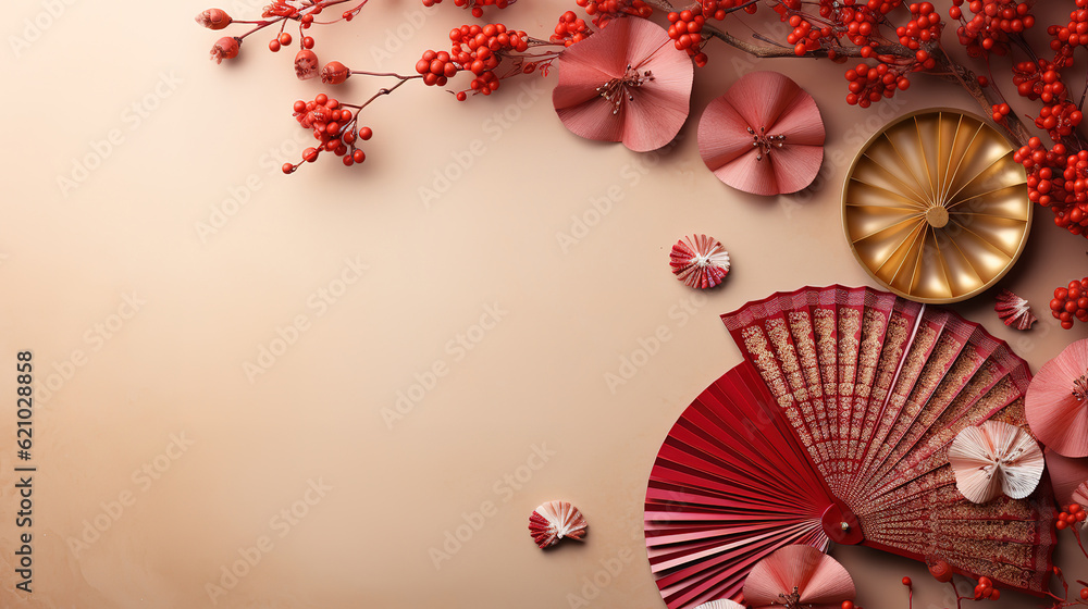 TET decorations in close up against a red backdrop. Generative Ai