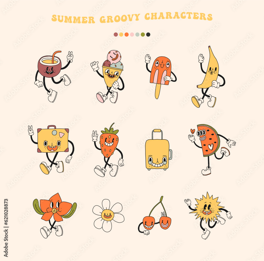 Obraz premium Groovy bold y2k retro summer and spring season party characters set. Happy summertime fruit food vintage doodle mascot design collection. Isolated on white background clip art. Vector illustration 
