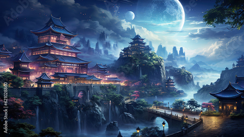 CITY WALL AT NIGHT in China, Bright color. Generative Ai
