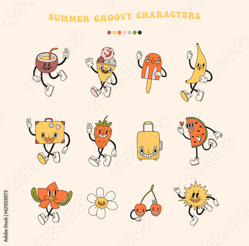 Groovy bold y2k retro summer and spring season party characters set. Happy summertime fruit food vintage doodle mascot design collection. Isolated on white background clip art. Vector illustration  © cute_vector