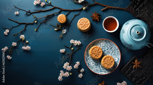 Flat lay stylised Mid Autumn Festival snack and drink, mooncake and tea set. Generative Ai