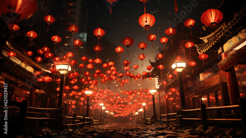 A group of red Chinese lanterns. Generative Ai