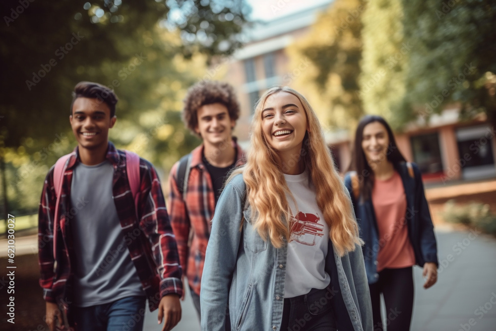 A group of friends laughing and walking hand in hand towards the school entrance, ready to reunite after the summer break Generative AI A group of friends laughing and walking hand in hand towards the school entrance, ready to reunite after the summer break Generative AI