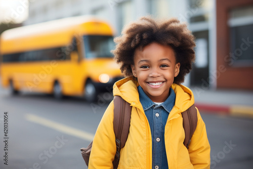 A smiling student holding a backpack and standing in front of a school bus, ready for the first day of school Generative AI