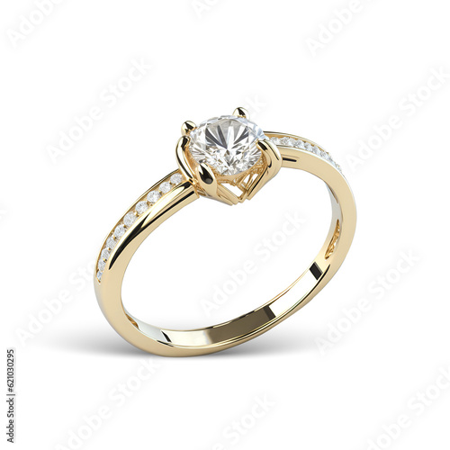 Blank gold ring with diamond mockup stand, half-turned view, 3d rendering. Empty female sparkle jewelery with carat mock up, isolated. Clear platinum metal accessory template. photo