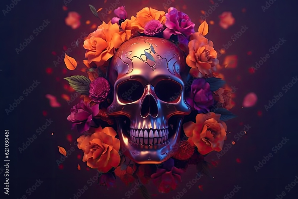 skull with flowers on it Halloween artwork with roses and pumpkins for the autumnal season. made using generative AI tools