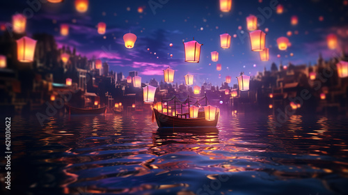 Oriental lanterns flying over the water reflection of neon lights. Generative Ai