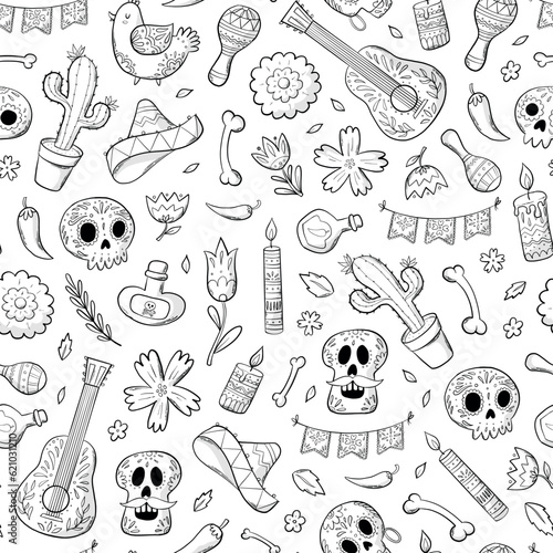 Dia de los muertos monochrome seamless pattern with hand drawn doodles, cartoon elements for wallpaper, scrapbooking, packaging, prints, coloring pages, wrapping paper, etc. EPS 10 
