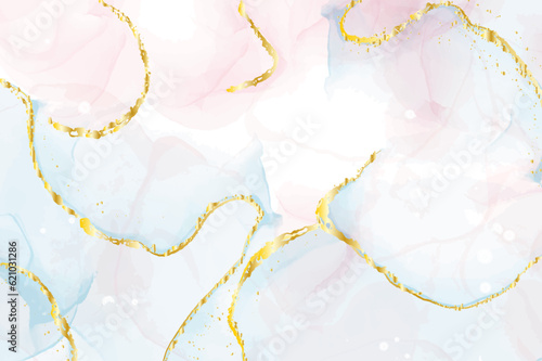 Abstract pink liquid watercolor background with gold dots and lines. Marble alcohol ink drawing effect, golden splash elements. Vector wallpaper