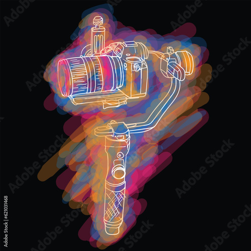 Camera with gimbal in hand drawn design with colorful water painting design for photography day