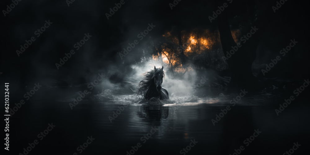 Horse in the dark water at night with fog and fire