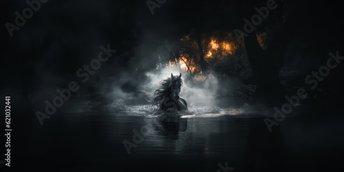 Horse in the dark water at night with fog and fire