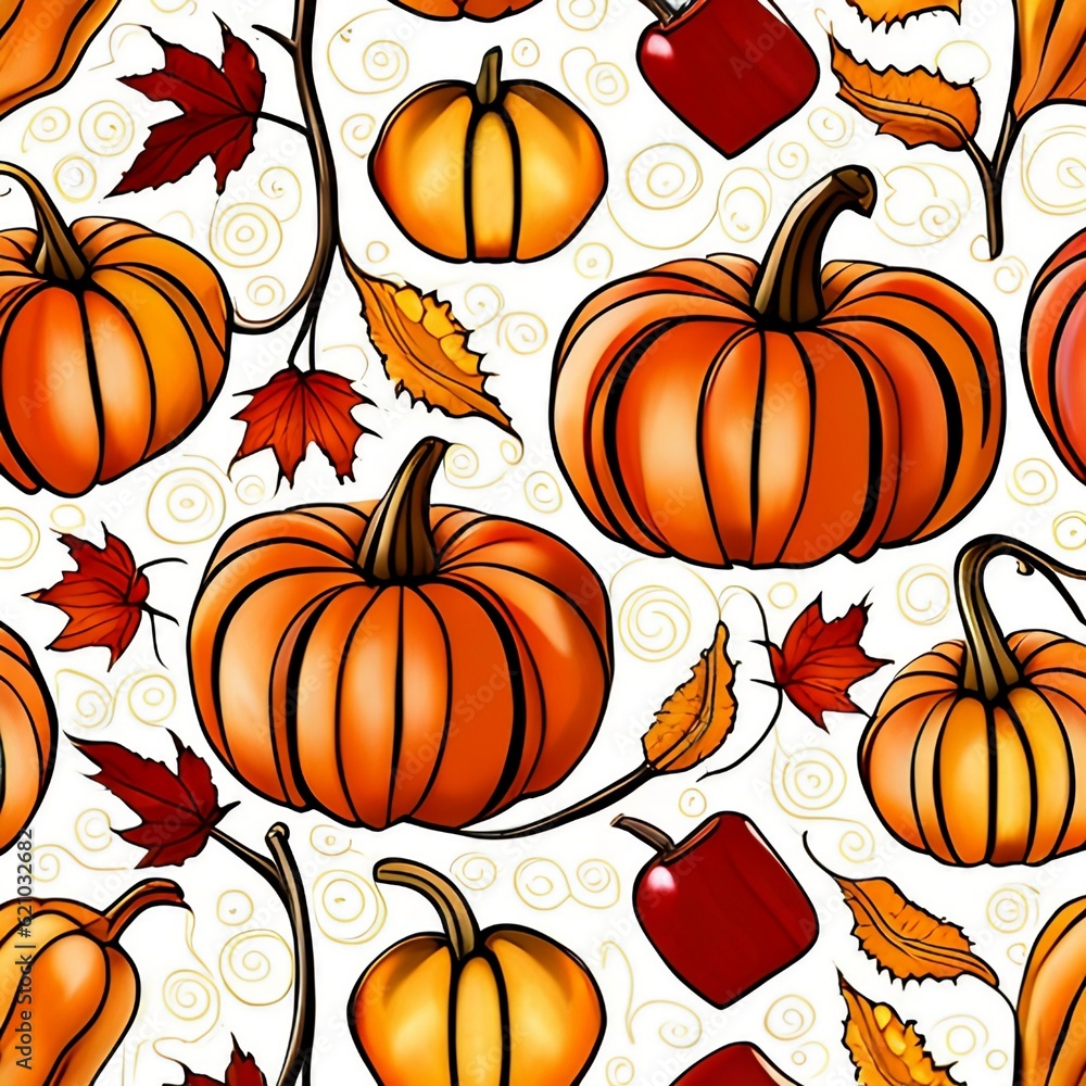 Background Pattern of Pumpkins, Apples, and Fall Leaves With Gold Swirls on White Background Pattern of Pumpkins, Apples, and Fall Leaves With Gold Swirls on White