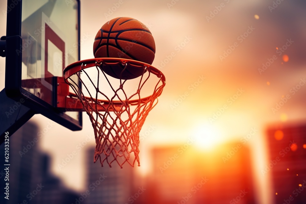 Ball in basketball hoop.