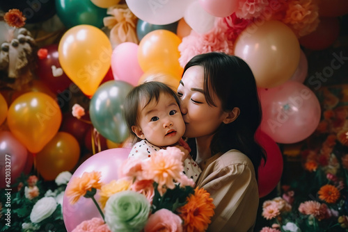 young asian mother with her daughter celebrating a birthday. balloons and flowers. woman and girl. Generative, AI