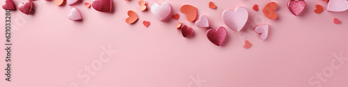 banner. Paper heart on pink background. Happy Women's, Mother's, Valentine's Day. generative ai, ai, generative