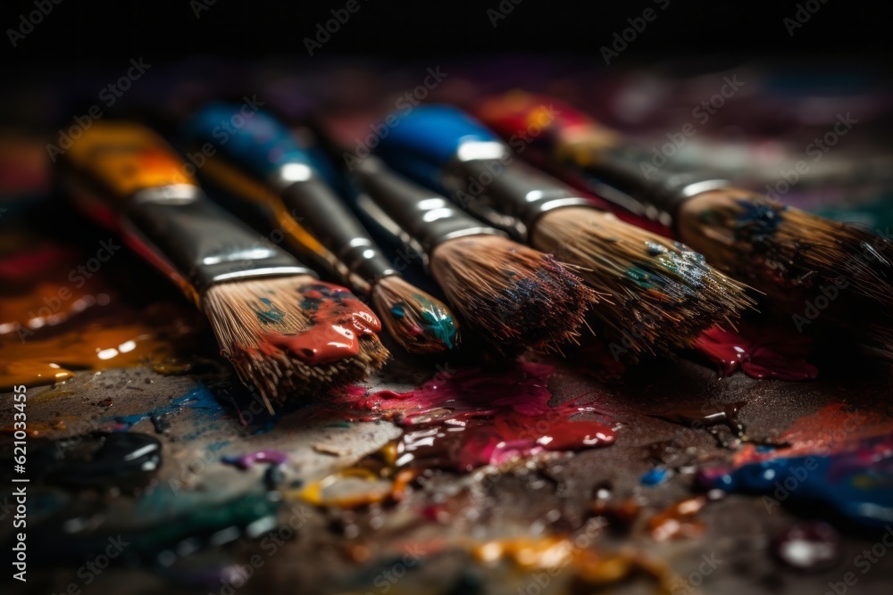 Fototapeta premium paints and brushes, Creative Close-Up of Brightly Painted Brushes on a Canvas, Showcasing Fine Droplets and Splatters of Paint