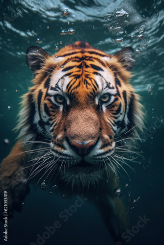 closeup wide angle underwater photo upshot of a tiger underwater. cute, funny animal swims. generative ai, generative