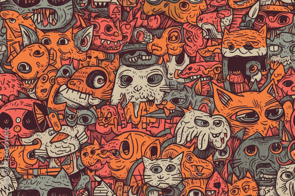 Fototapeta premium doodles representing cute cats, dogs, and skulls , organ yellow-white color seamless pattern