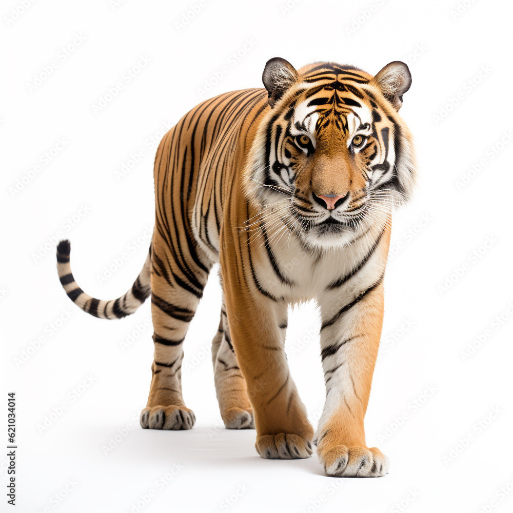 Obraz premium An adult tiger isolated on white background. Fierce eyes are watching the future.