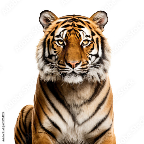 An adult tiger isolated on white background. Fierce eyes are watching the future.