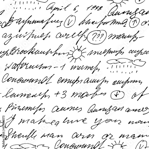 Seamless vector pattern with abstract black handwritten text on white background. Full vector illegible, unreadable  themed letter  handwritten  in cursive pen with  illustration sun,  raine.