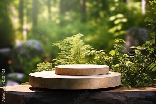 Landscape jungle tropic forest scene with marble pedestal, podium display platform, 3d rendering background super detailed, highly detailed a high quality photograph.
