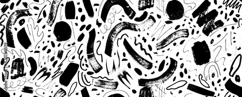 Brush curly lines seamless pattern. Pencil squiggles ornament. Squiggles brush strokes vector background. Hand drawn marker scribbles, curved lines. Black pencil sketches. 