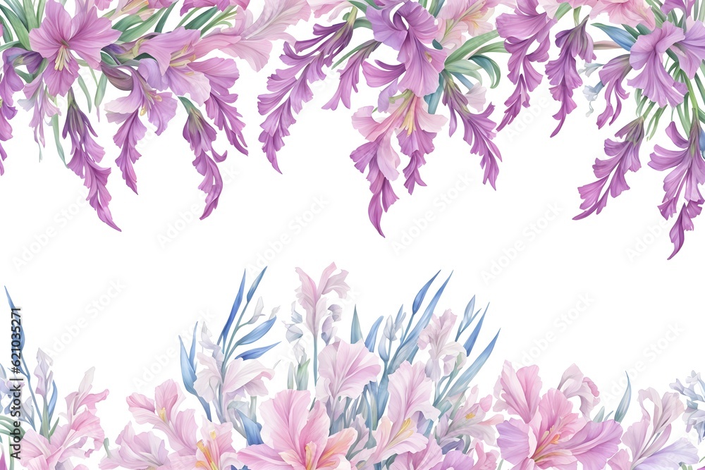Watercolor drawing with Gladiolus and leaves. Mother's Day card. Floral design with Gladiolus flowers. Templates for design, botanical illustration in watercolor style. Generative AI