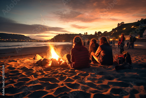 evening bonfire on the beach.AI generative