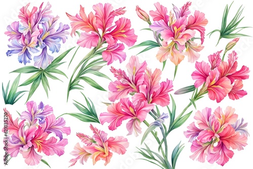 Watercolor drawing with Gladiolus and leaves. Mother's Day card. Floral design with Gladiolus flowers. Templates for design, botanical illustration in watercolor style. Generative AI © 360VP