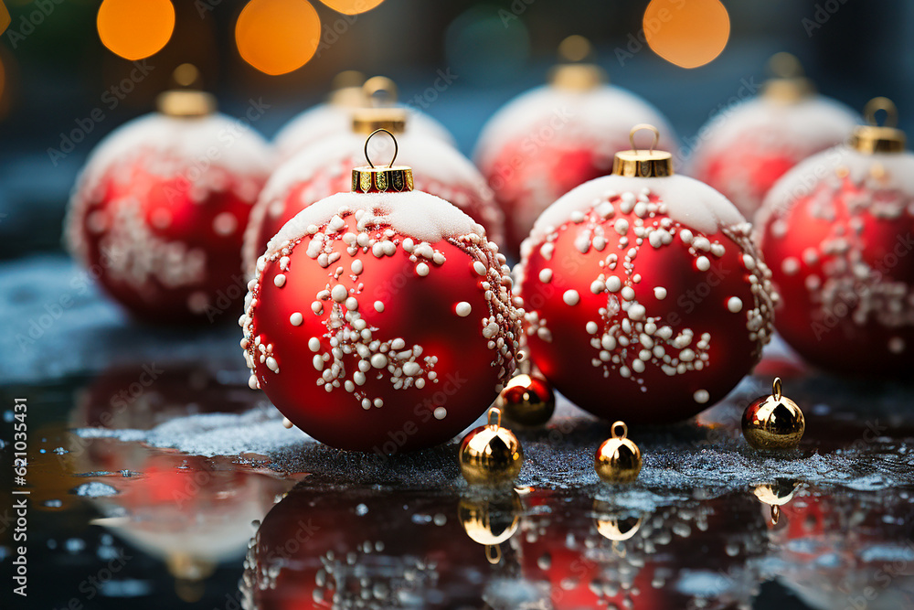 Christmas composition with snow and spruce branches and Christmas tree baubles. AI generative. Christmas composition with snow and spruce branches and Christmas tree baubles. AI generative.